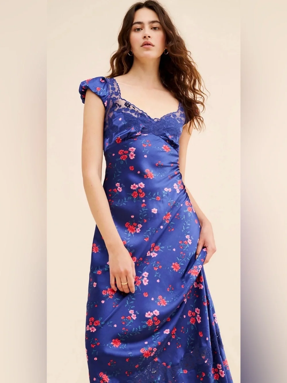 Free People Butterfly Babe Maxi Dress Blue Floral Lace Open Back L